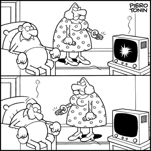 Wife turns husband off with remote control.