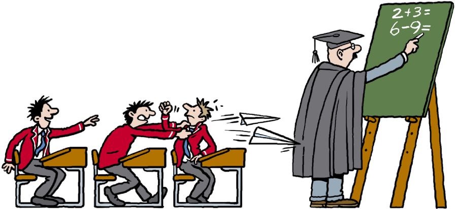 Naughty schoolboys fight behind teacher's back in old fashioned school.