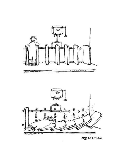Man standing at urinals leans on the barrier and they all fall over.
