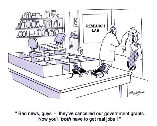 'Bad news, guys - they've cancelled our government grants. Now you'll both have to get real jobs.'