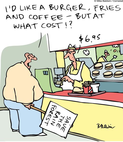 'I'd like a burger, fries and coffee - but at what cost!?' '$6.95.'