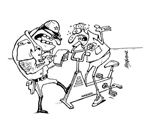 Policeman fining man for going to fast on his exercise bike