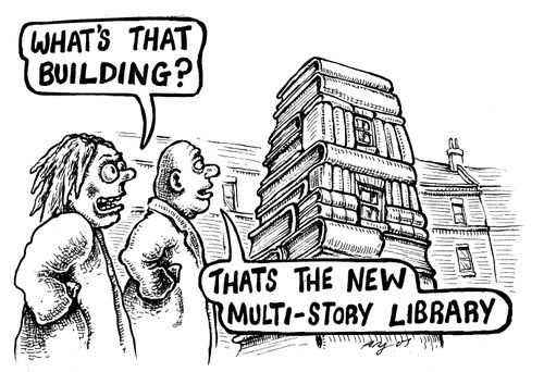 'Library built out of books.'