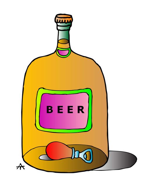A bottle opener is stuck at the bottom of a bottle of beer.