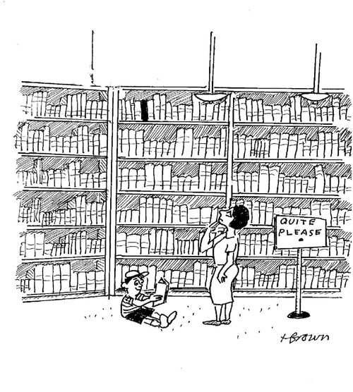 Librarian ponders how a small child reached a book on the top shelf.