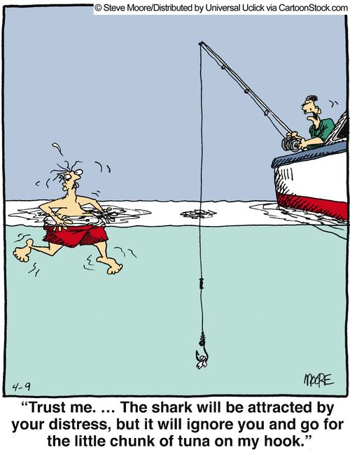 'Trust me. ... The shark will be attracted by your distress, but it will ignore you and go for the little chunk of tuna on my hook.'