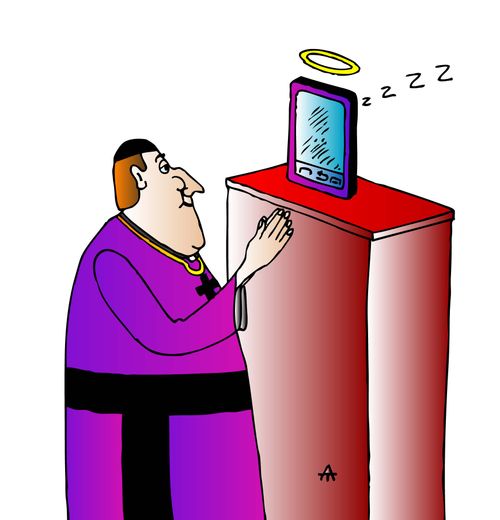 Priest prays to phone.