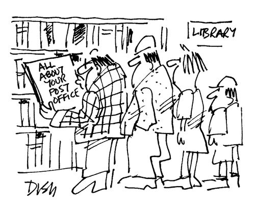 A queue behind a man looking at 'All about your post office' in a library