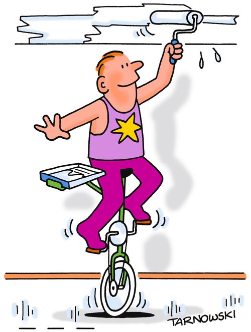 Unicyclist painting a ceiling.