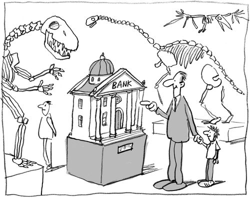 Dinosaurs in museum with model of an extinct bank