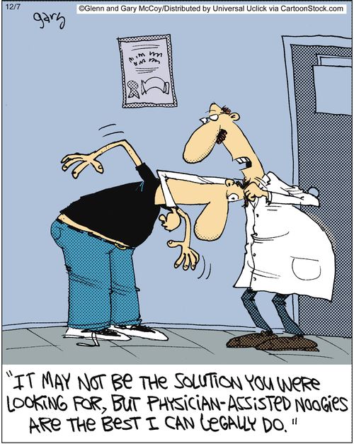 'It may not be the solution you were looking for, but physician-assisted noogies are the best I can legally go.'