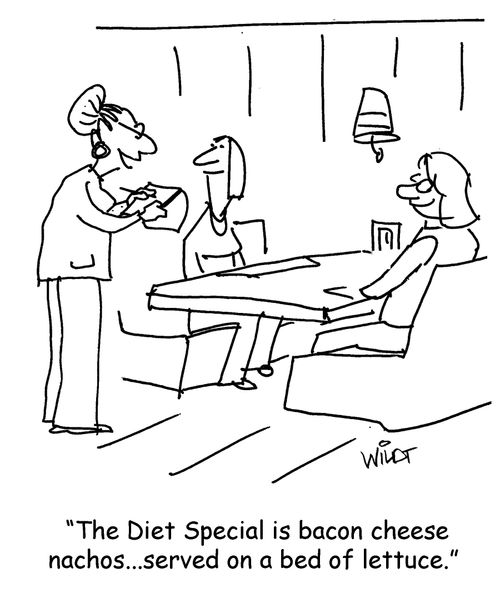 "The Diet Special is bacon cheese nachos....served on a bed of lettuce."