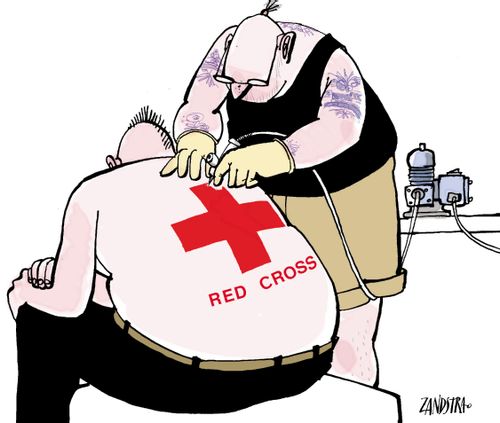 Man having red cross tattooed on his back.