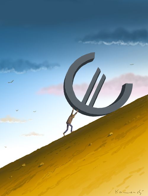 Man pushing Euro sign up a hill.
