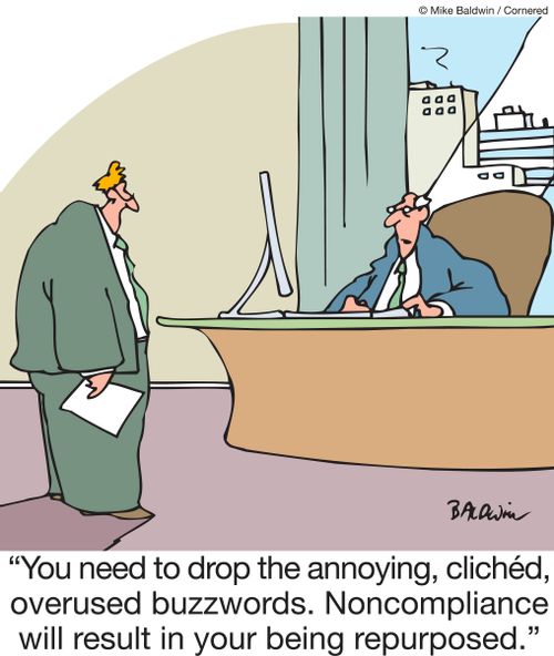 "You need to drop the annoying, cliched, overused buzzwords. Noncompliance will result in your being repurposed."