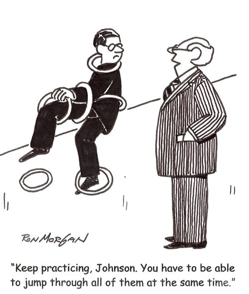 'Keep practicing, Johnson. You have to learn to jump through all of them at the same time.'