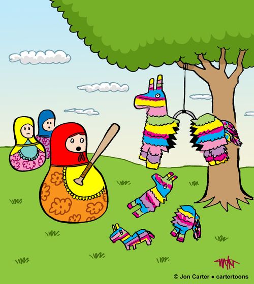 Russian nesting dolls play pinata with nesting pinatas.