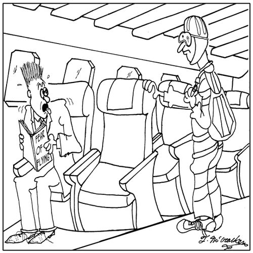 Someone boards a plane in a parachuting outfit, helmet and all and sits next to a terrified passenger reading Fear of Flying.