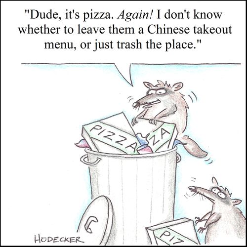 'Dude, it's pizza. Again! I don't know whether to leave them a Chinese takeout menu, or just trash the place.'