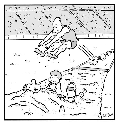 Long jumper in mid air realizing there is a kid burying his dad in the sand like at the beach,