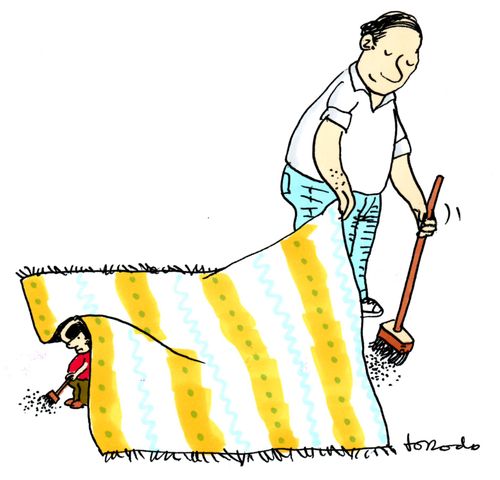 Man sweeps dust under carpet and small man sweeps it out.