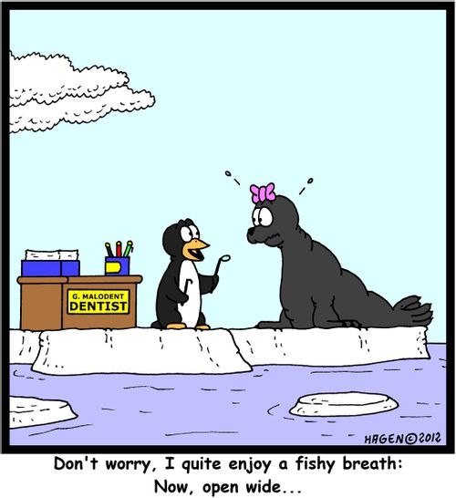 "Don't worry, I quite enjoy a fishy breath: Now, open wide..."