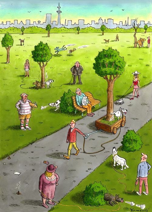 Gardener pulling a tree through a dog park with a dog marking his territory.