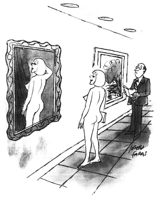 Nude model looking at her portrait.