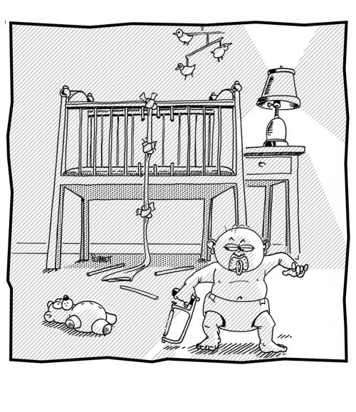 Baby escaping from its crib.