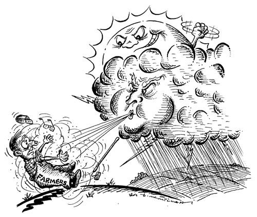 Farmer being defeated by the weather