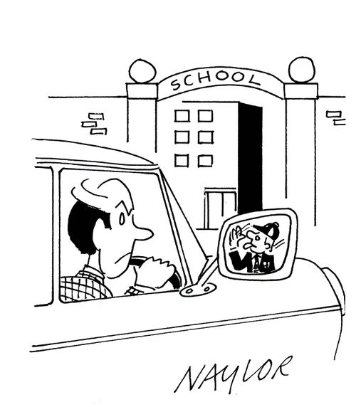 Father sees son blowing raspberry in wing mirror