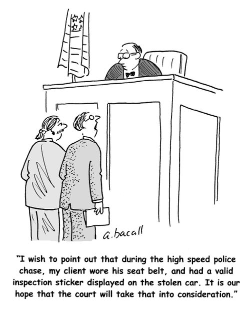 During the high speed police chase, my client wore his seat belt and had a valid inspection sticker displayed on the stolen car.