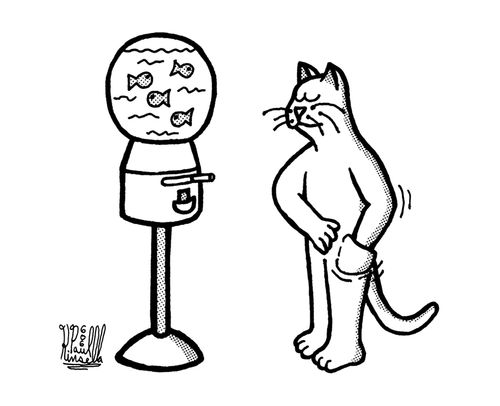 Cat buying fish from gumball machine.