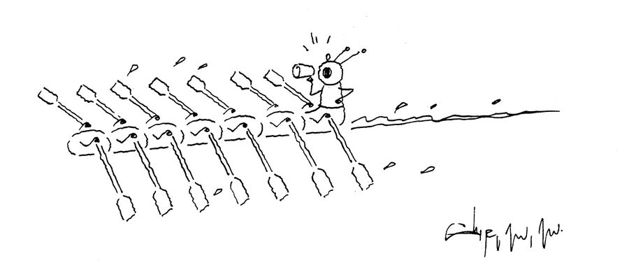 A caterpillar is rowing itself along