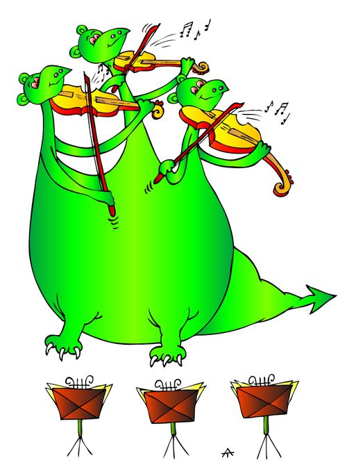 A three headed dragon plays violins.