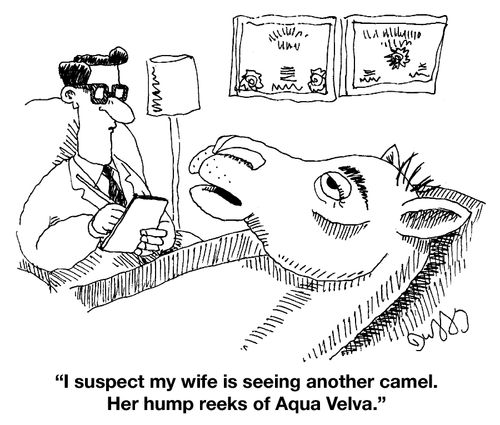 "I suspect my wife is seeing another camel. Her hump reeks of Aqua Velva."