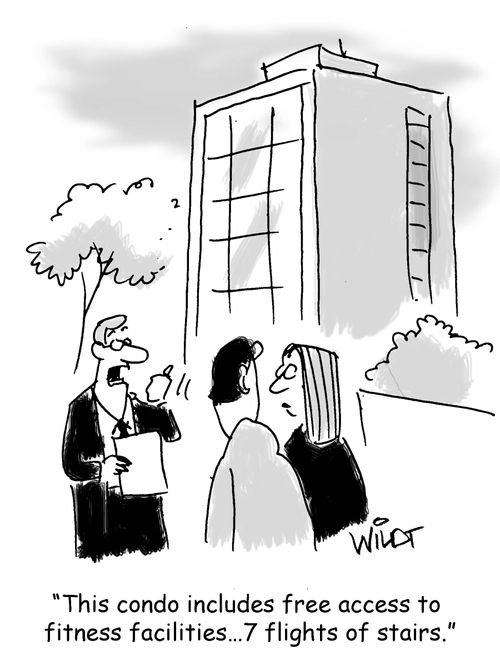 "This condo includes free access to fitness facilities...7 flights of stairs."