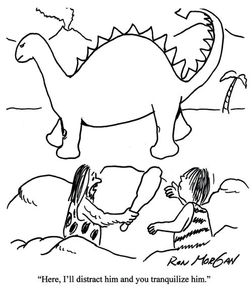 'Here, I'll distract him and you tranquilize him.'