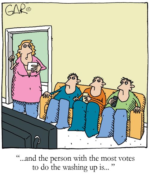 ' ... and the person with the most votes to do the washing up is... '