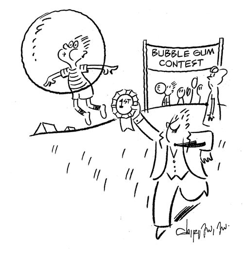 Bubble gum contest winner floating away.