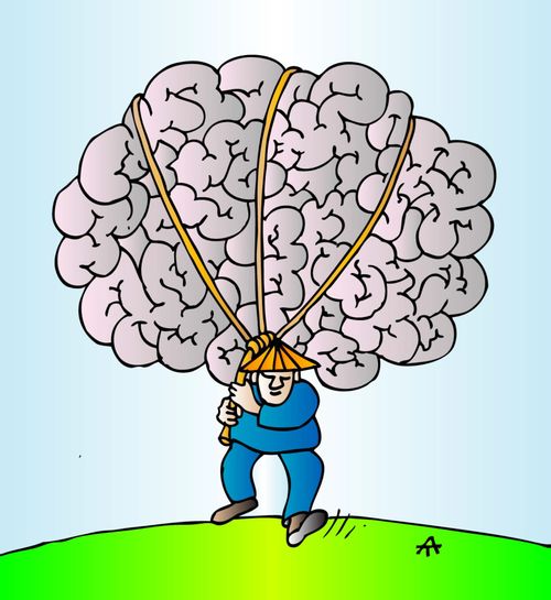A peasant carries a brain.
