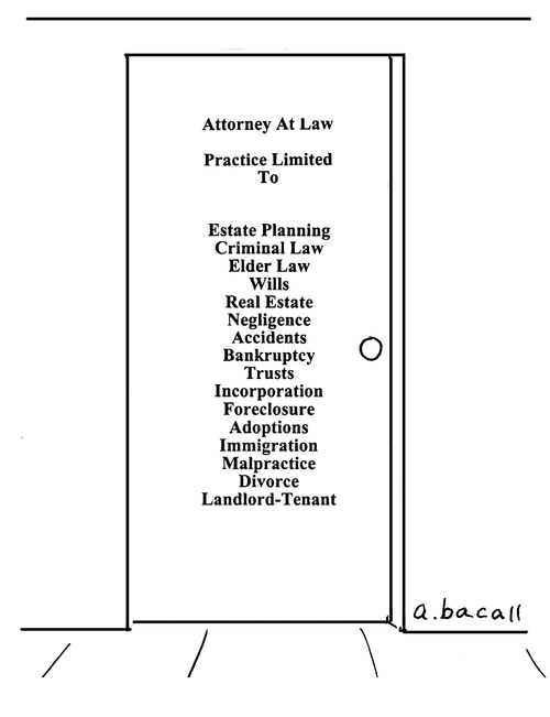 Lawyer advertises his specialities on the door.