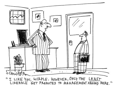 'I like you, Wirple. However, only the least likeable get promoted to management around here.'