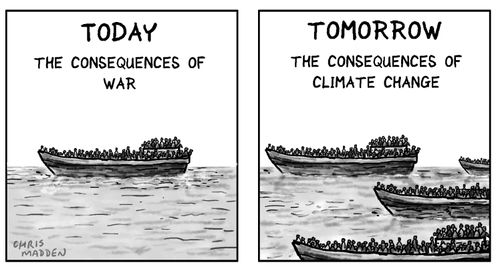 Comparing the migrant crisis caused by war in the Middle East with the possible future migrant crisis caused by climate change.