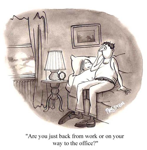 'Are you just back from work or on your way to the office?'