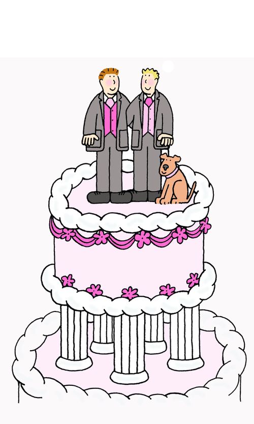 Two grooms and a dog on a cake.