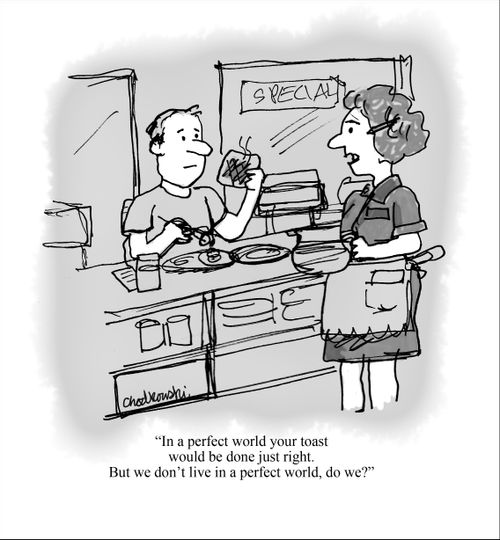 "In a perfect world your toast would be done just right. But we don't live in a perfect world, do we?"