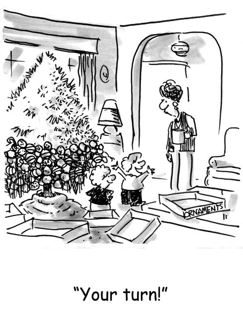 Children finish decorating a Christmas tree.