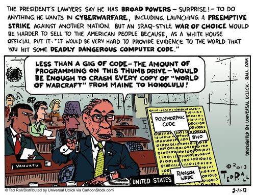 The president's lawyers say he has broad powers - surprise! - To do anything he wants in cyberwarfare, including launching a preemptive strike against another nation...