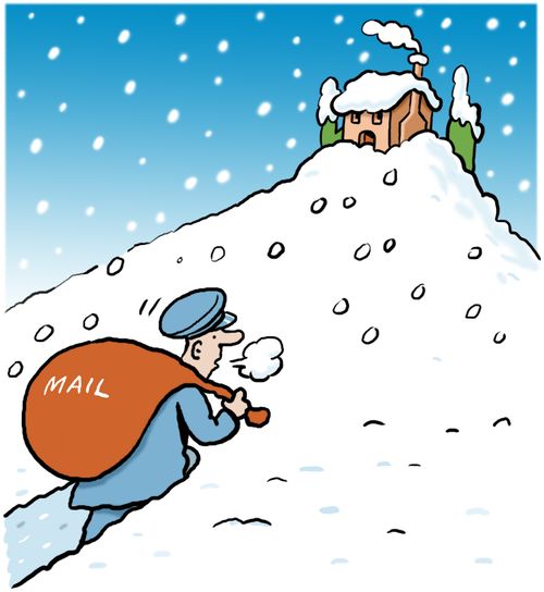 Postman delivering a sack of mail through heavy snowdrift.